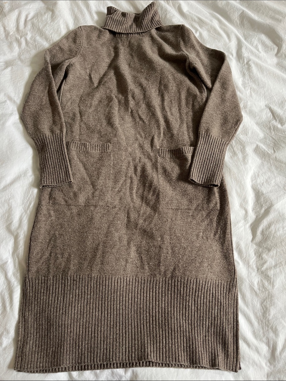 Athleta Alpine Turtleneck Sweater Dress merino wool cashmere beige brown